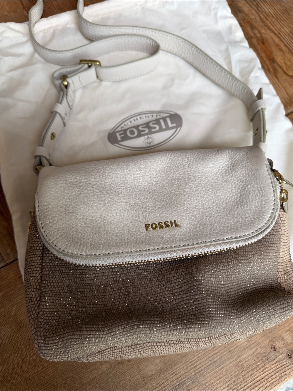 Fossil White and Taupe Crossbody Purse